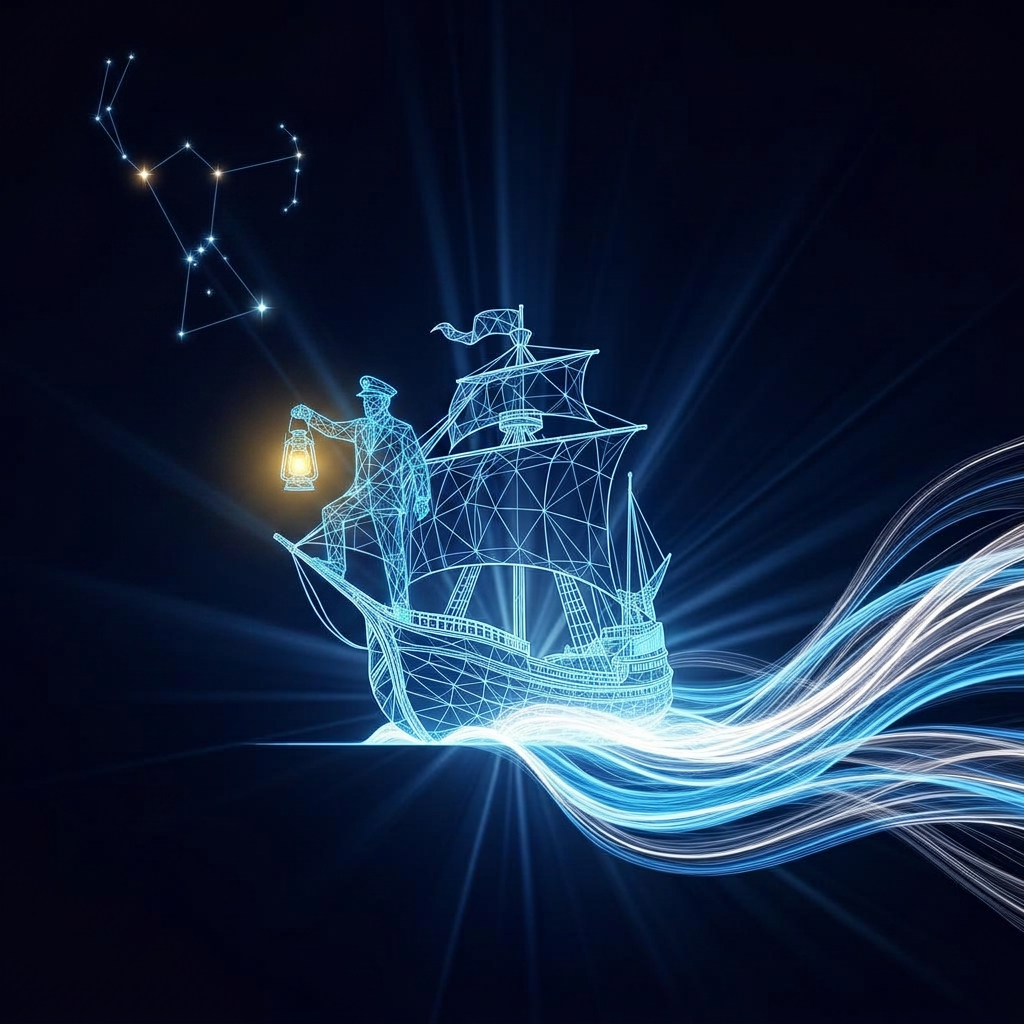 Caravela luminosa em tons de azul com capitão à frente e constelação de Órion no céu, representando a jornada patrimonial da 2T Capital